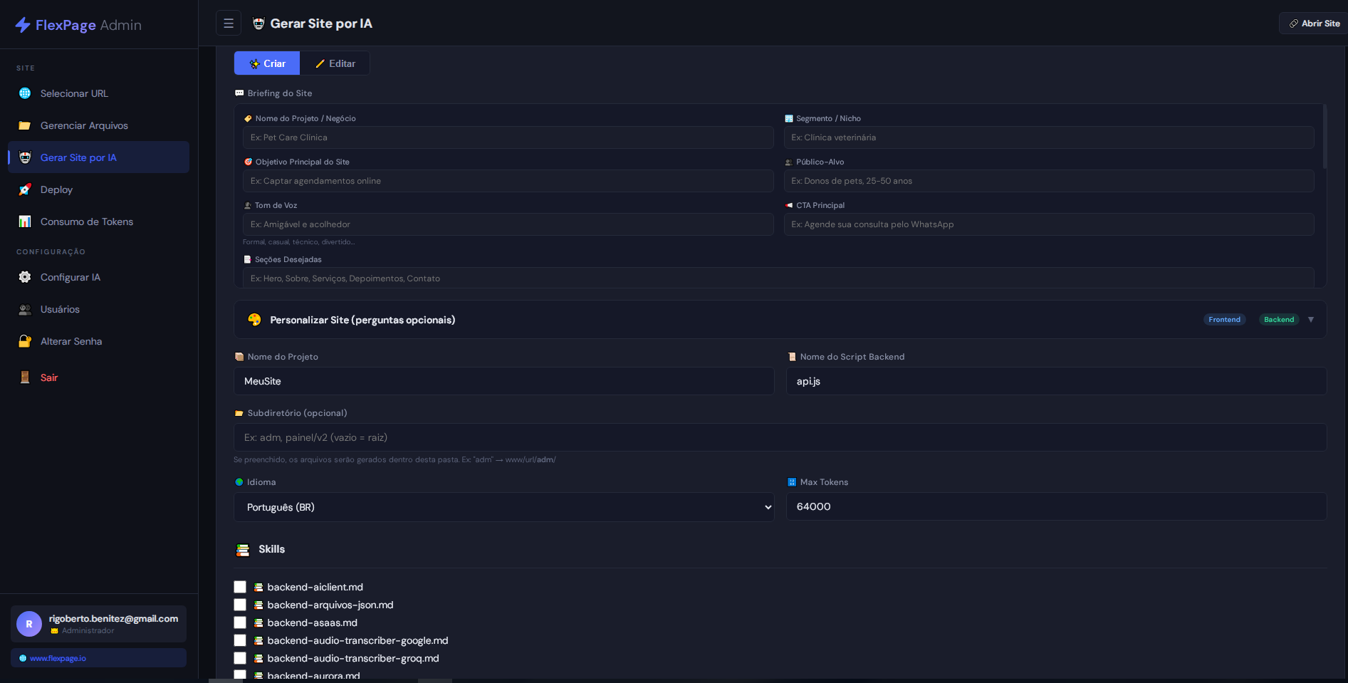 Prévia visual do painel admin.flexpage.io para criação de sites