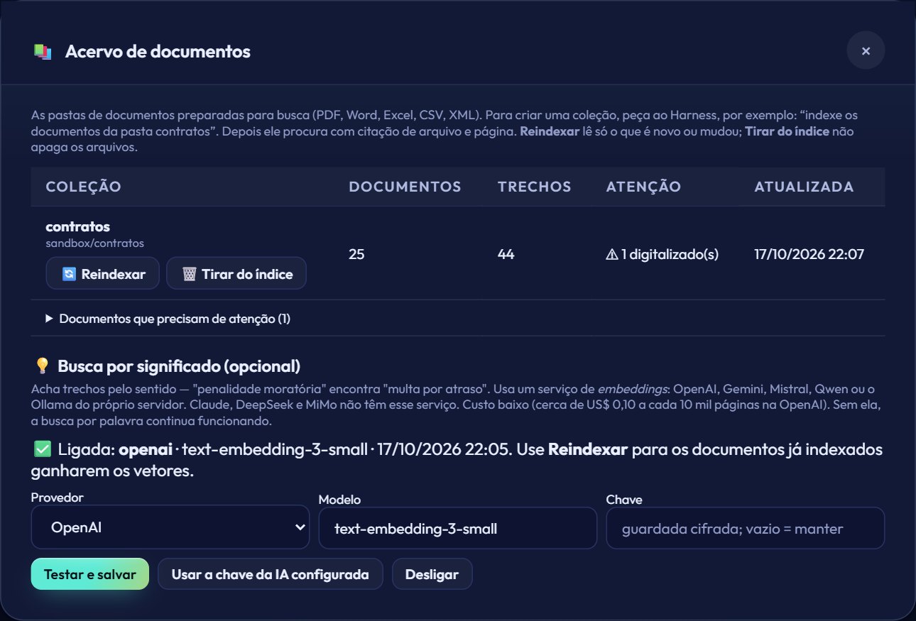 Janela Acervo de documentos com a coleção contratos, 25 documentos e 44 trechos, um documento digitalizado apontado e a busca por significado ligada com a OpenAI