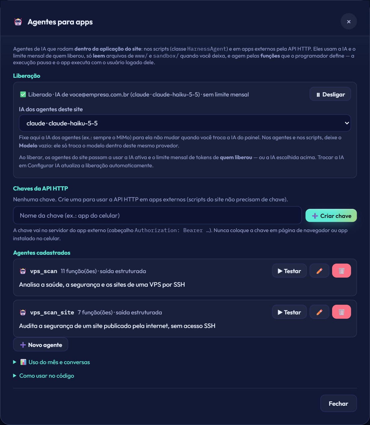 Janela Agentes para apps com liberação, chaves da API e agentes cadastrados